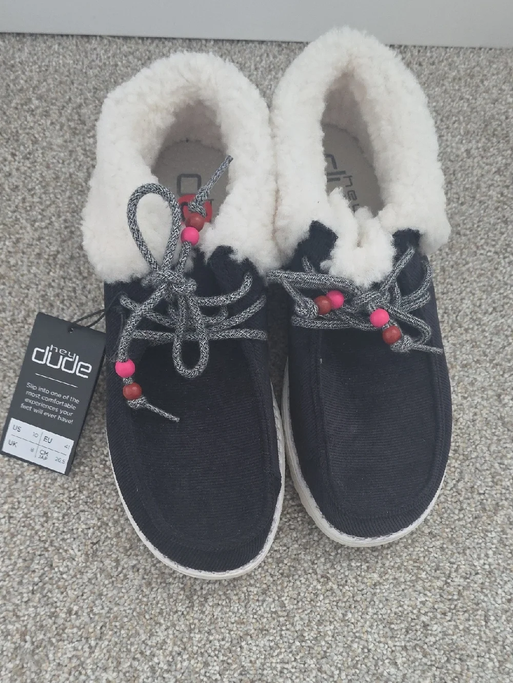 Hey Dude Womens Black Slip-On Shoes with Cream Lining and Pink Bead Accents - Picture 1 of 8
